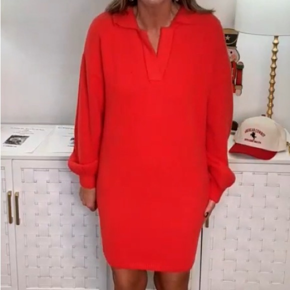 Red Balloon Sleeve Collared Fuzzy Sweater Dress - Picture 2 of 4
